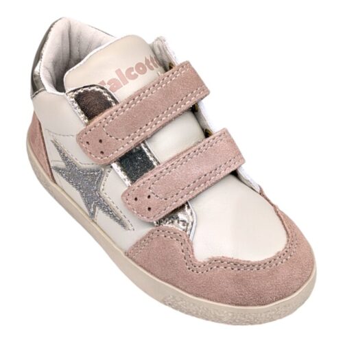 Sneaker primi passi bambina bianca-rosa con stella argento e doppio strappo – Falcotto