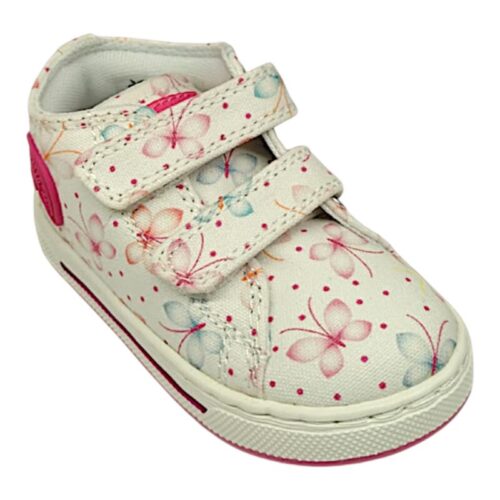 Sneaker primi passi bimba bianca con farfalle multicolor e doppio strappo – Falcotto