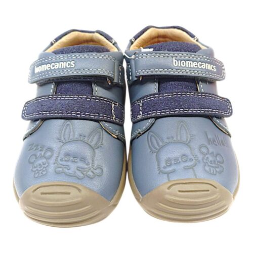 Sneaker primi passi blu petrolio con strappi e disegno kawaii sulla parte frontale – Biomecanics