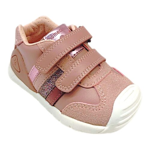 Sneaker primi passi rosa antico con strisce metallic pink-pink-glitter pink con strappi – Biomecanics