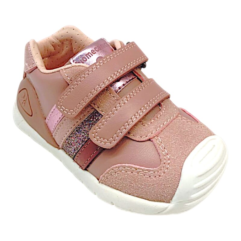 Sneaker primi passi rosa antico con strisce metallic pink-pink-glitter pink con strappi – Biomecanics
