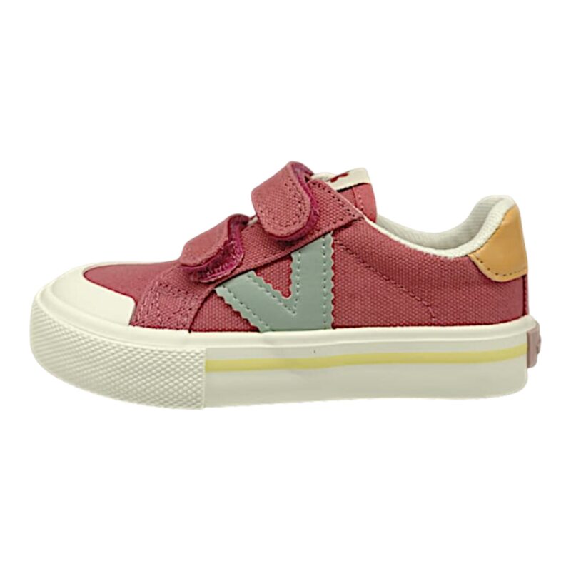 Sneaker rosa scuro per bambina in cotone con "V" celeste e doppio strappo – Victoria 3 Sneaker rosa scuro per bambina in cotone con V celeste e doppio strappo – Victoria