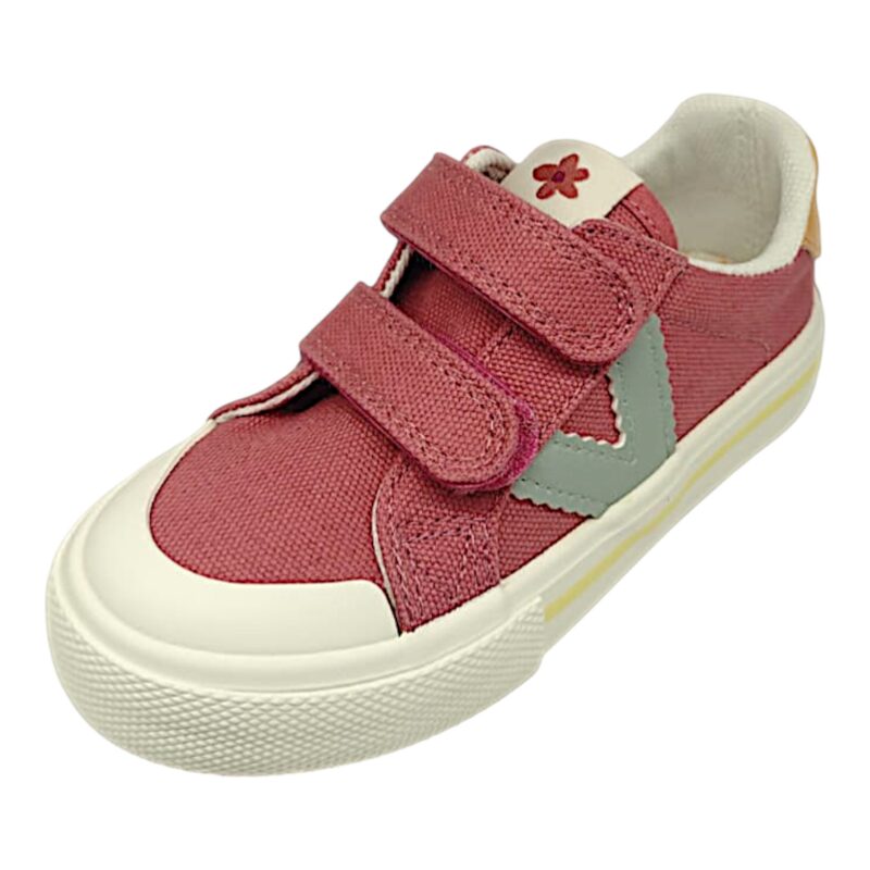 Sneaker rosa scuro per bambina in cotone con "V" celeste e doppio strappo – Victoria 1 Sneaker rosa scuro per bambina in cotone con V celeste e doppio strappo – Victoria