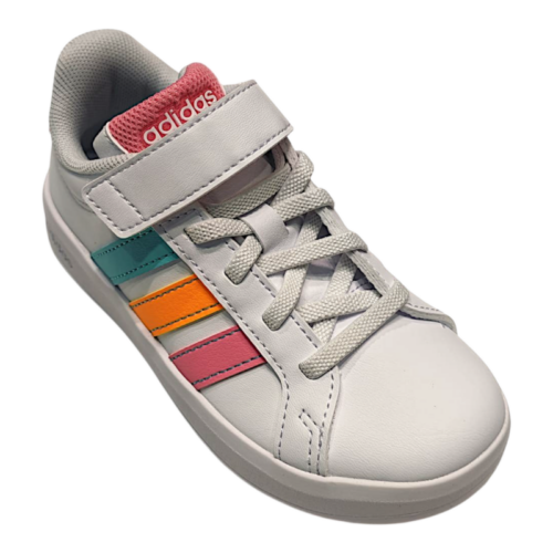 Sneaker sportiva bianca multicolor in similpelle per bambina con strappo e lacci elastici – Adidas