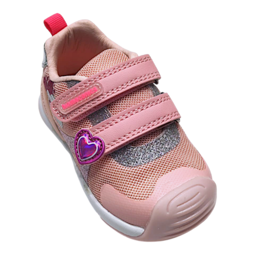 Sneaker sportiva per bambina primi passi in tessuto rosa con doppio strappo, cuore e scritta Love – Biomecanics