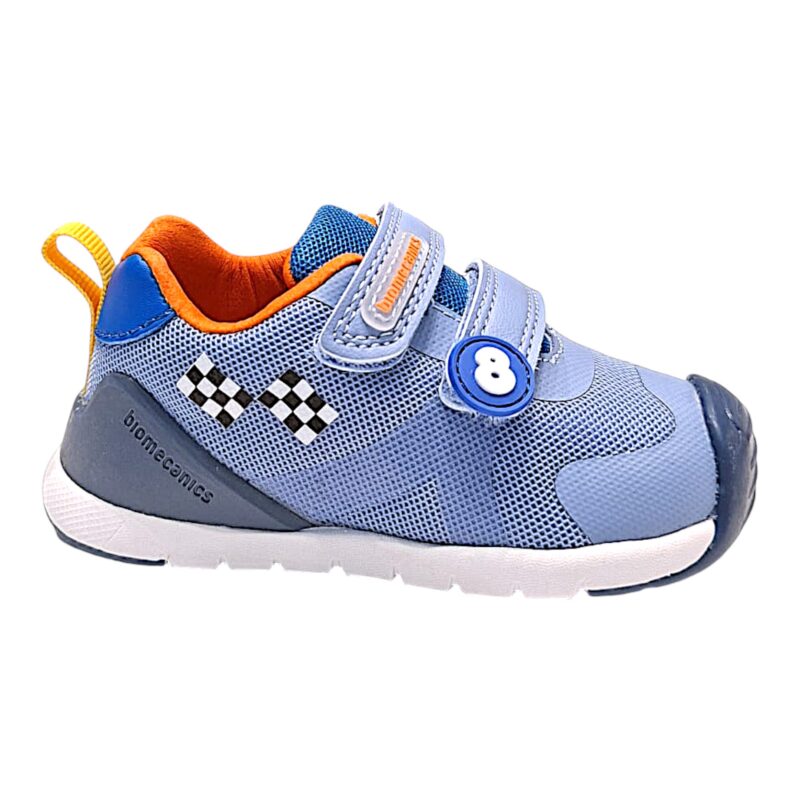 Sneaker sportiva per bambino primi passi in tessuto azzurro-arancione con doppio strappo – Biomecanics 2 Sneaker sportiva per bambino primi passi in tessuto azzurro-arancione con doppio strappo – Biomecanics