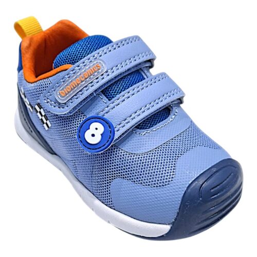 Sneaker sportiva per bambino primi passi in tessuto azzurro-arancione con doppio strappo – Biomecanics