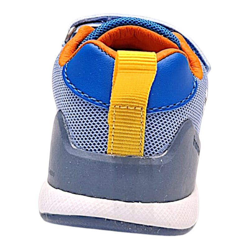 Sneaker sportiva per bambino primi passi in tessuto azzurro-arancione con doppio strappo – Biomecanics 4 Sneaker sportiva per bambino primi passi in tessuto azzurro-arancione con doppio strappo – Biomecanics