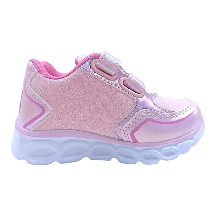 Sneaker sportiva primi passi pink glitter con minnie disney, doppio strappo e luci - Silver
