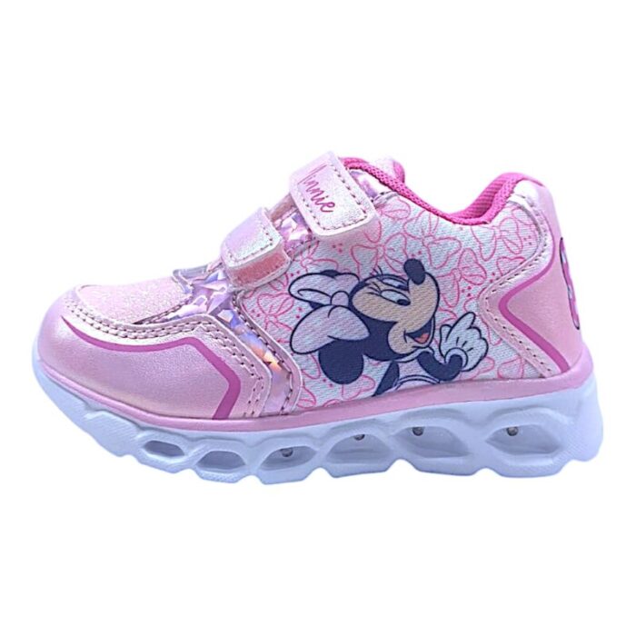 Sneaker sportiva primi passi pink glitter con minnie disney, doppio strappo e luci - Silver