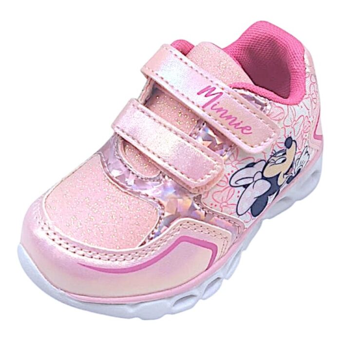 Sneaker sportiva primi passi pink glitter con minnie disney, doppio strappo e luci - Silver