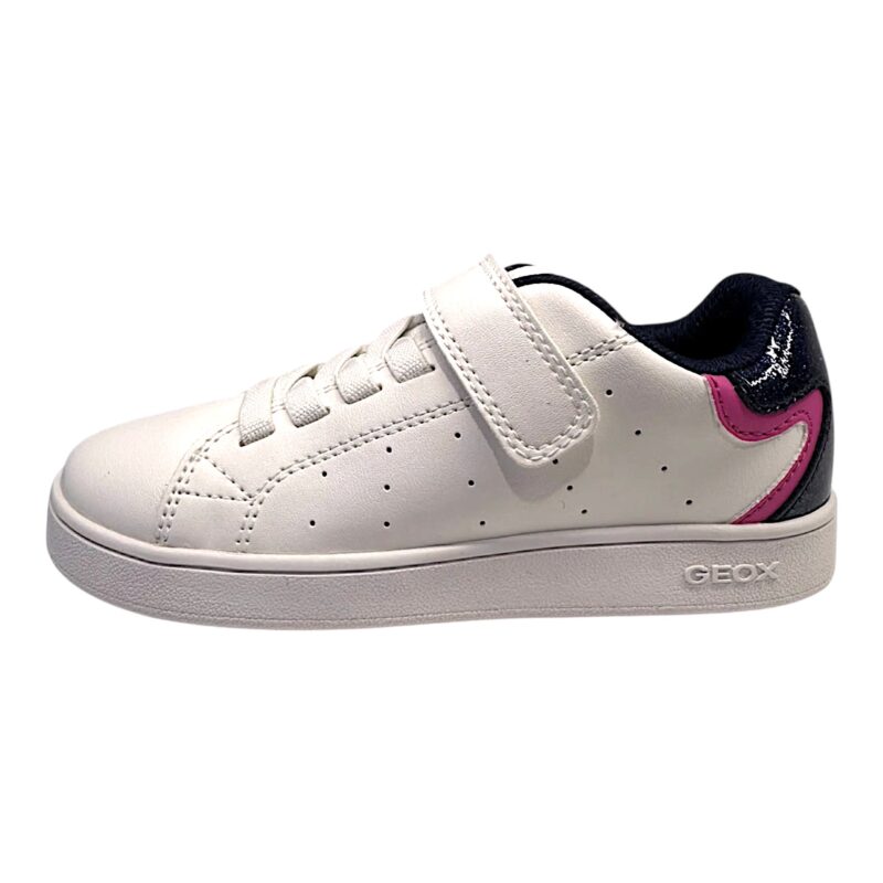 Sneakers Eclyper bianche-blu per bambina-ragazza con inserto fucsia glitterato, strappo e lacci elastici - Geox 3 Sneakers Eclyper bianche per bambina con dettagli e interno blu, inserti fucsia glitterati, strappo e lacci elastici - Geox
