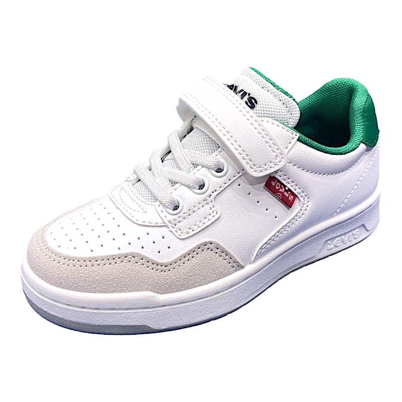 Sneakers Kingdom bianche-verdi in similpelle per bambino con strappo e lacci elastici - Levi's 1 Sneakers Kingdom bianche-verdi in similpelle per bambino con strappo e lacci elastici - Levi's