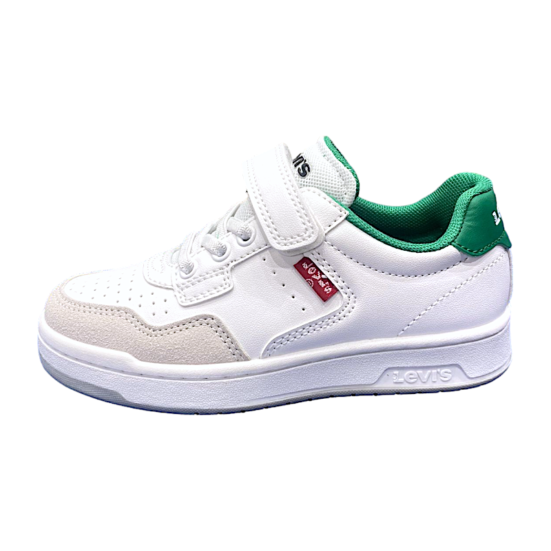 Sneakers Kingdom bianche-verdi in similpelle per bambino con strappo e lacci elastici - Levi's 3 Sneakers Kingdom bianche-verdi in similpelle per bambino con strappo e lacci elastici - Levi's