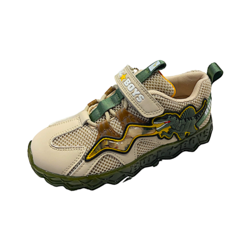 Sneakers Spinosauro beige e verde militare con luci e suola impronta per bambino – BULL BOYS
