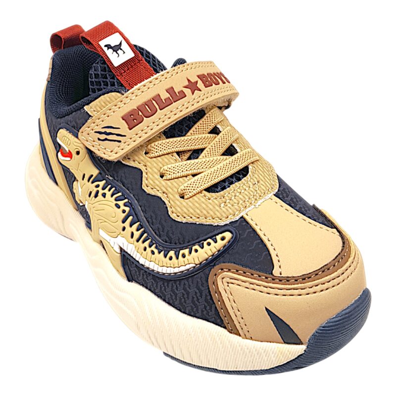 Sneakers T-Rex blu-beige con lacci elastici, strappo, luci e suono “ROAR” per bambino – BULL BOYS