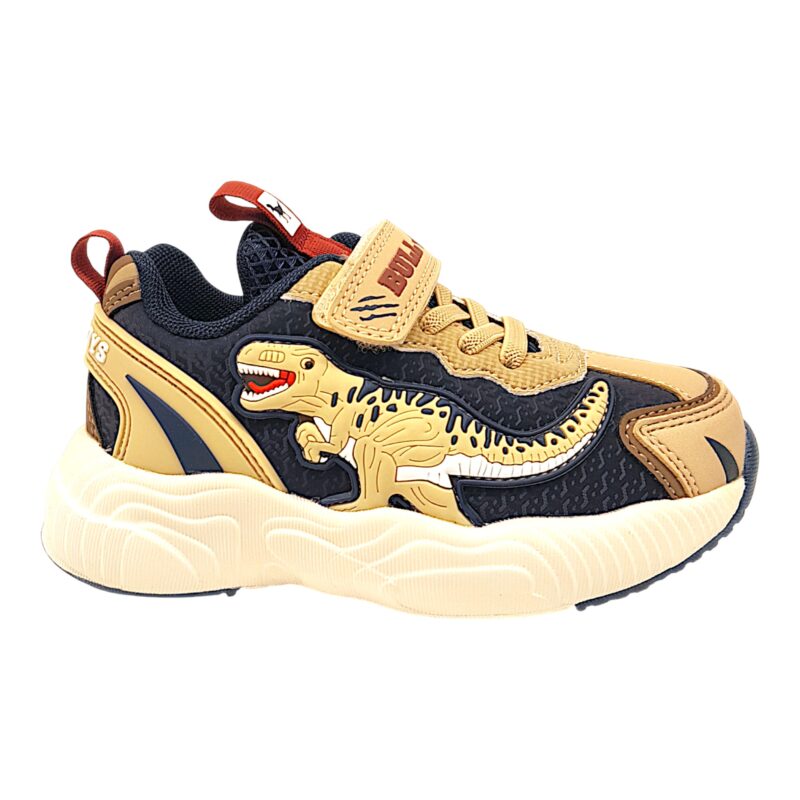 Sneakers T-Rex blu-beige con lacci elastici, strappo, luci e suono “ROAR” per bambino – BULL BOYS