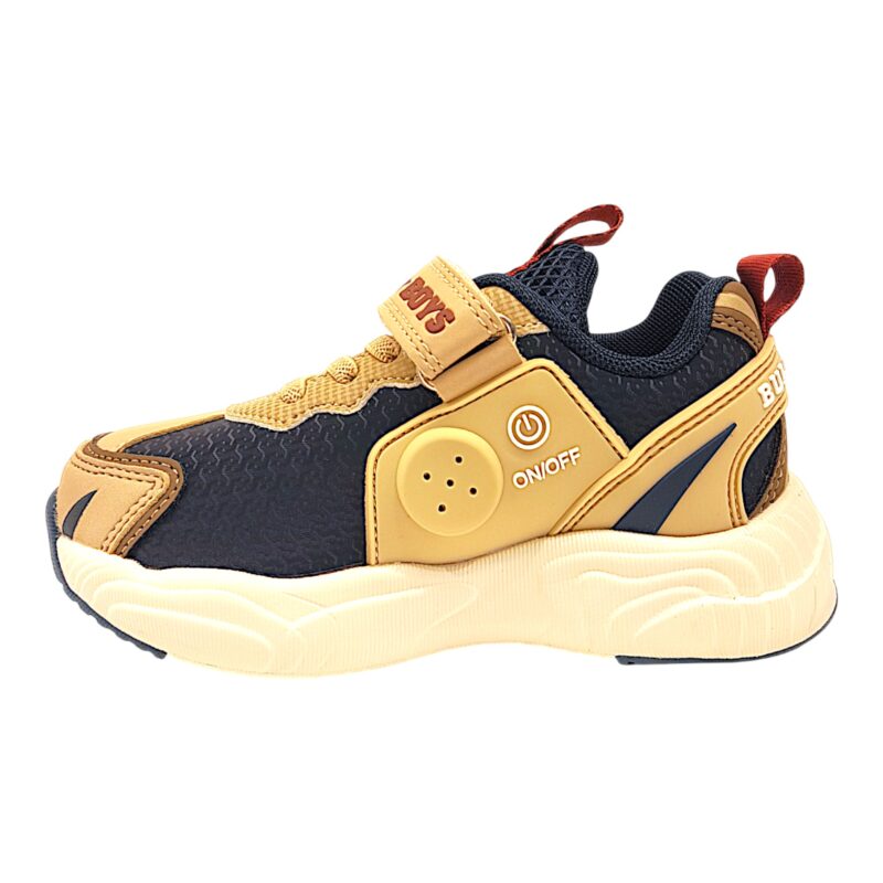 Sneakers T-Rex blu-beige con lacci elastici, strappo, luci e suono “ROAR” per bambino – BULL BOYS