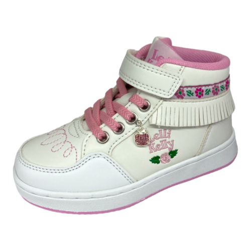 Sneakers alta bambina bianco-rosa con frangetta e charm a forma di mela - Lelli Kelly