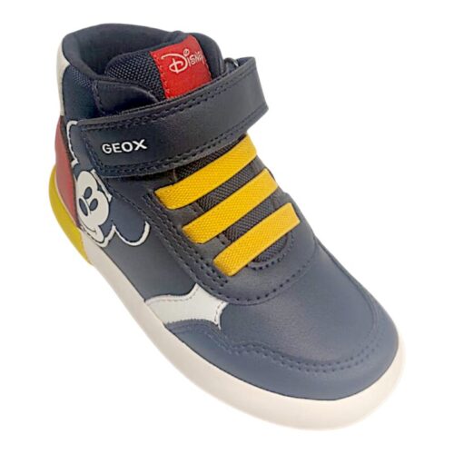 Sneakers alta primi passi bambino Mickey Mouse navy-red-yellow con strappo e lacci elastici – Geox 17 Sneakers alta primi passi bambino Mickey Mouse blu, rosso e giallo con strappo e lacci elastici – Geox