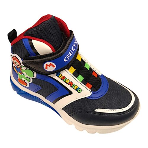 Sneakers alta super mario e yoshi navy-royal-red con strappo, lacci elastici e luci - Geox
