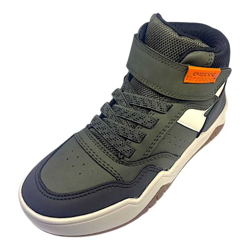 Sneakers alte Perth verde militare, arancione e nero per bambino-ragazzo con strappo e lacci elastici - Geox 1 Sneakers alte Perth verde militare, arancione e nero per bambino con strappo e lacci elastici - Geox