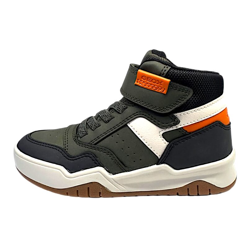 Sneakers alte Perth verde militare, arancione e nero per bambino-ragazzo con strappo e lacci elastici - Geox 3 Sneakers alte Perth verde militare, arancione e nero per bambino con strappo e lacci elastici - Geox