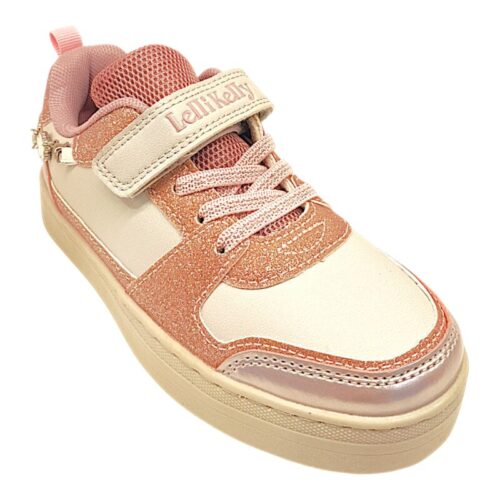 Sneakers bambina bianca e rosa con glitter, bracciale con lacci elastici e strappo – Lelli Kelly