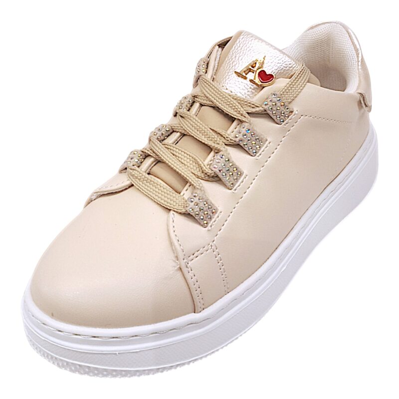 Sneakers bambina crema-gold con lacci elastici e lampo – Asso 1 Sneakers bambina crema-gold con lacci e lampo – Asso