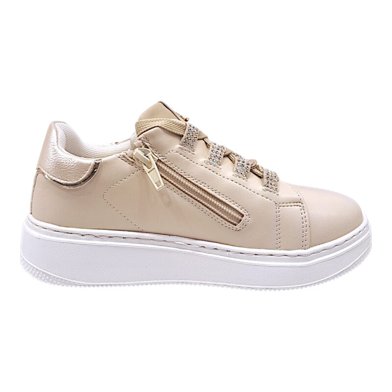 Sneakers bambina crema-gold con lacci elastici e lampo – Asso 2 Sneakers bambina crema-gold con lacci e lampo – Asso