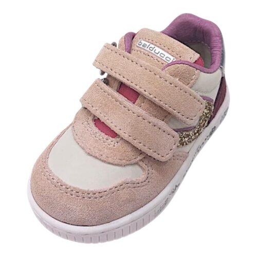 Sneakers bambina primi passi bianco, rosa cipria e nero con C glitter, punta e due strappi scamosciati – Balducci