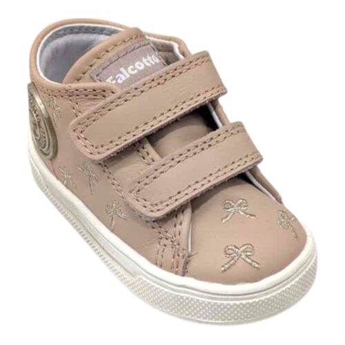 Sneakers bambina primi passi rosa cipria con decori argento e doppio strappo – Falcotto