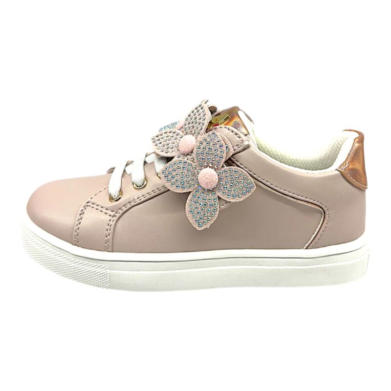 Sneakers bambina rosa cipria con dettagli dorati e fiori applicati – Asso 3 Sneakers bambina rosa cipria con dettagli dorati e fiori applicati – Asso