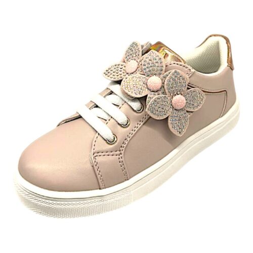 Sneakers bambina rosa cipria con dettagli dorati e fiori applicati – Asso