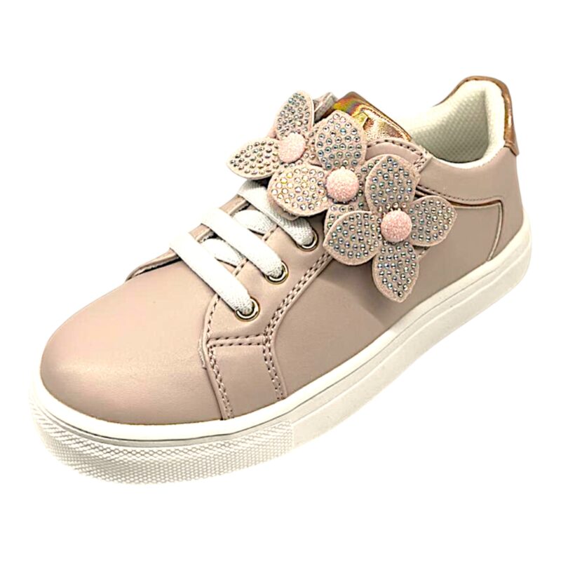 Sneakers bambina rosa cipria con dettagli dorati e fiori applicati – Asso 1 Sneakers bambina rosa cipria con dettagli dorati e fiori applicati – Asso