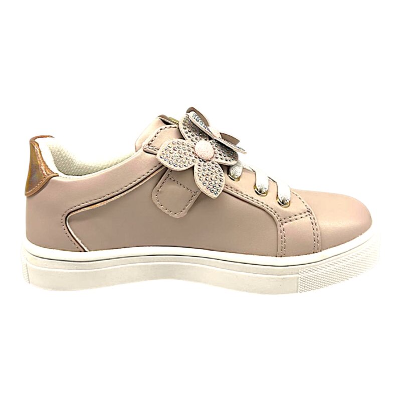 Sneakers bambina rosa cipria con dettagli dorati e fiori applicati – Asso 2 Sneakers bambina rosa cipria con dettagli dorati e fiori applicati – Asso