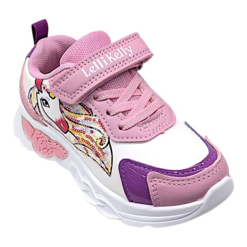 Sneakers bambina rosa e bianca con cavallo e paillettes, lacci elastici e strappo – Lelli Kelly
