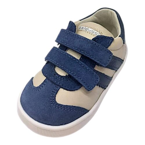 Sneakers bambino primi passi beige e blu con due strappi e punta in camoscio – Balducci