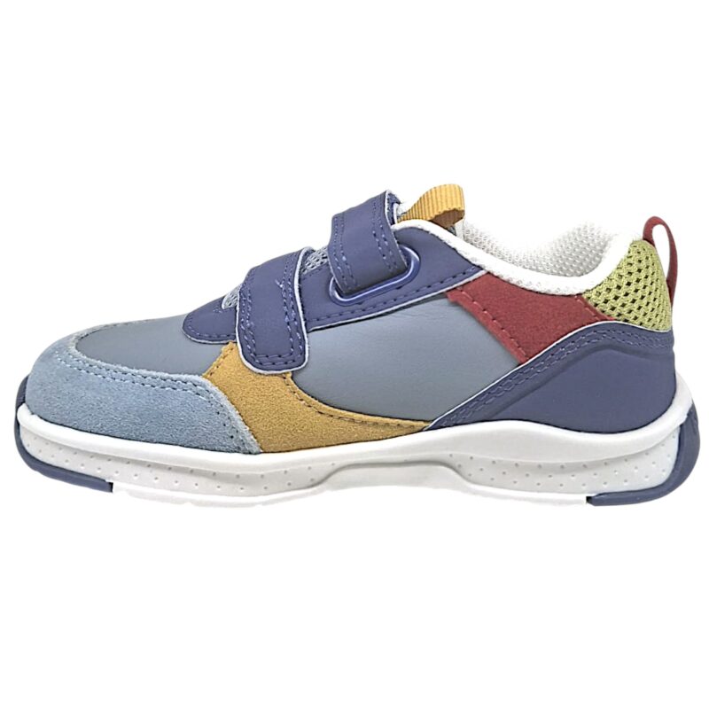 Sneakers sportive a pianta larga celeste-blu-ocra-rosso per bambino con due strappi - Biomecanics 3 Sneakers barefoot primi passi blu-marrone per bambino con doppio strappo a velcro - Biomecanics