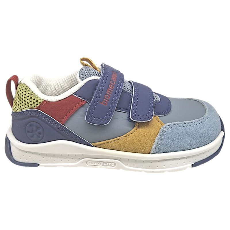 Sneakers sportive a pianta larga celeste-blu-ocra-rosso per bambino con due strappi - Biomecanics 2 Sneakers barefoot primi passi blu-marrone per bambino con doppio strappo a velcro - Biomecanics