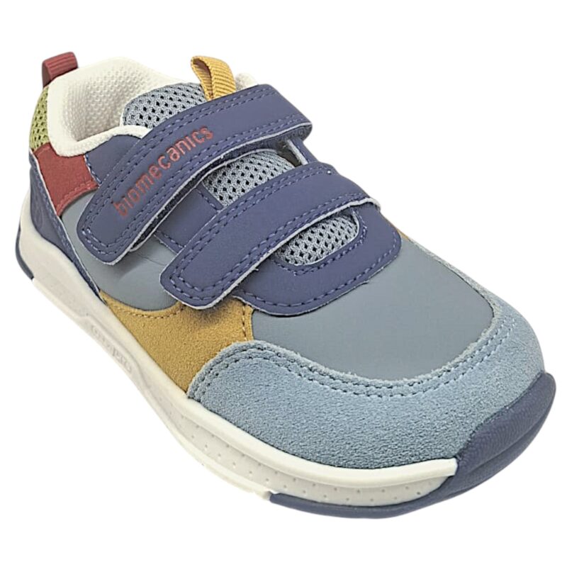 Sneakers sportive a pianta larga celeste-blu-ocra-rosso per bambino con due strappi - Biomecanics 1 Sneakers barefoot primi passi blu-marrone per bambino con doppio strappo a velcro - Biomecanics