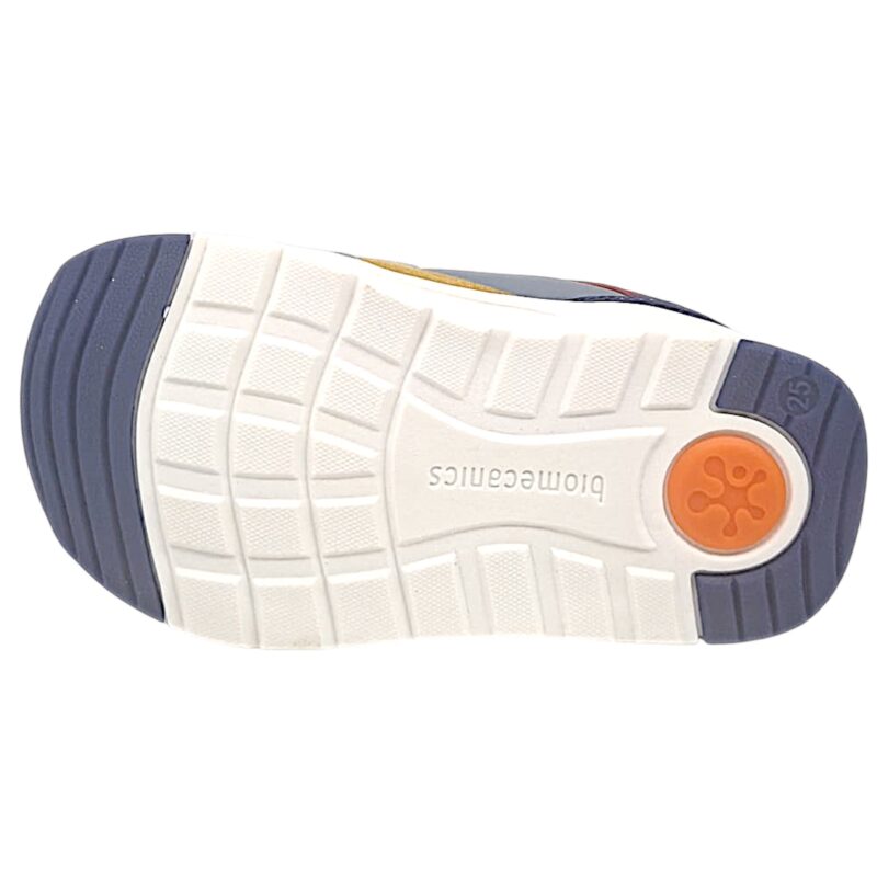 Sneakers sportive a pianta larga celeste-blu-ocra-rosso per bambino con due strappi - Biomecanics 5 Sneakers barefoot primi passi blu-marrone per bambino con doppio strappo a velcro - Biomecanics