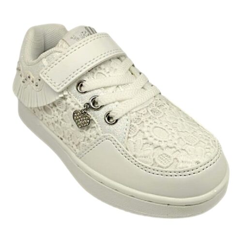 Sneakers bianca con frangetta macramè per bambina con velcro e lacci elastici – Lelli Kelly