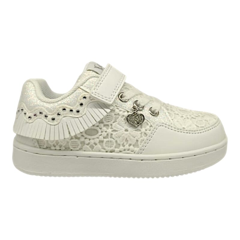 Sneakers bianca per bambina con frangetta macramè per bambina con velcro e lacci elastici – Lelli Kelly 2 Sneakers bianca con frangetta macramè per bambina con velcro e lacci elastici – Lelli Kelly