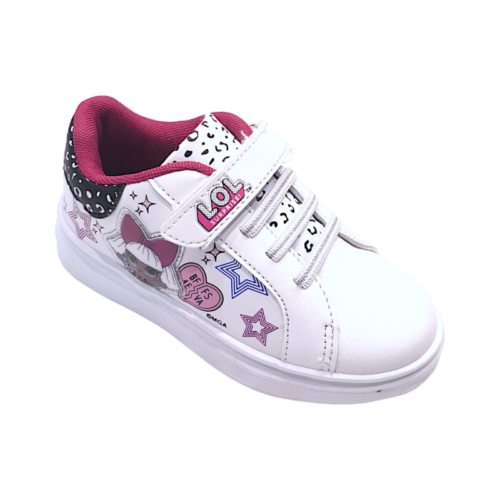 Sneakers bianca per bambina con bordo leopardato nero, decori LOL, stelle, luci, strappo e lacci elastici – Easy Shoes