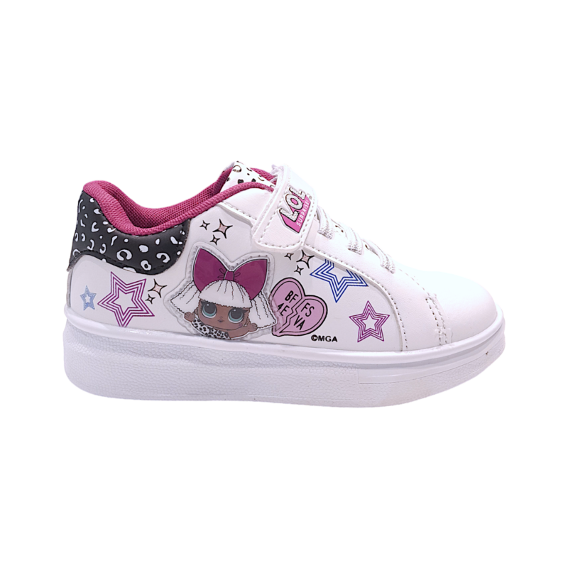 Sneakers bianca per bambina con bordo leopardato nero, decori LOL, stelle, luci, strappo e lacci elastici – Easy Shoes 2 Sneakers bianca per bambina con bordo leopardato nero, decori LOL, stelle, luci, strappo e lacci elastici – Easy Shoes