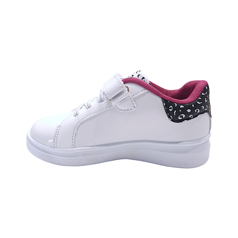 Sneakers bianca per bambina con bordo leopardato nero, decori LOL, stelle, luci, strappo e lacci elastici – Easy Shoes 3 Sneakers bianca per bambina con bordo leopardato nero, decori LOL, stelle, luci, strappo e lacci elastici – Easy Shoes