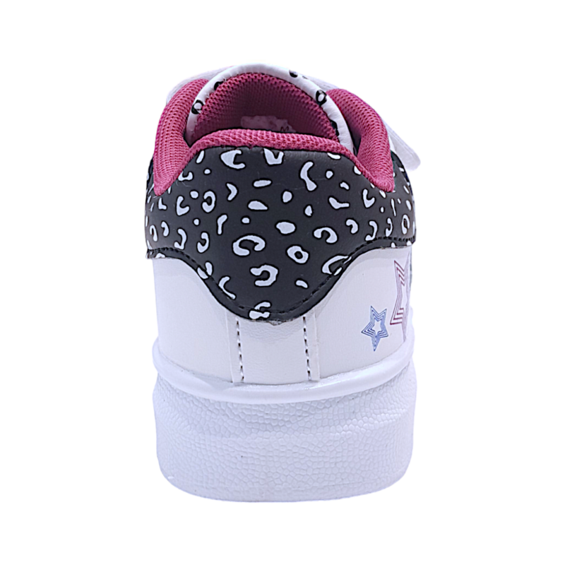 Sneakers bianca per bambina con bordo leopardato nero, decori LOL, stelle, luci, strappo e lacci elastici – Easy Shoes 4 Sneakers bianca per bambina con bordo leopardato nero, decori LOL, stelle, luci, strappo e lacci elastici – Easy Shoes