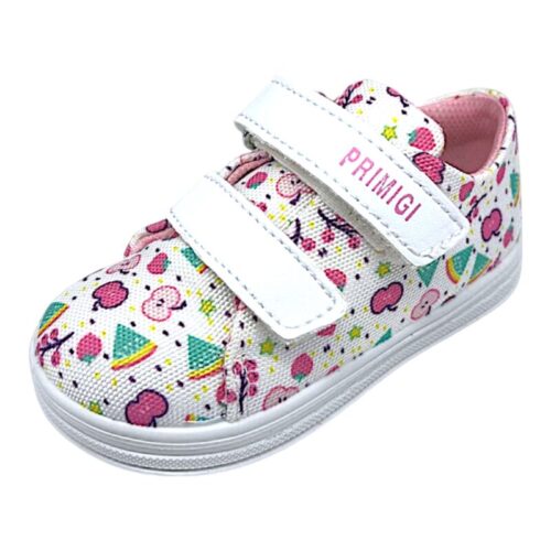Sneakers bianca primi passi per bambina con fantasia multicolor in tela bianca e doppio strappo – Primigi