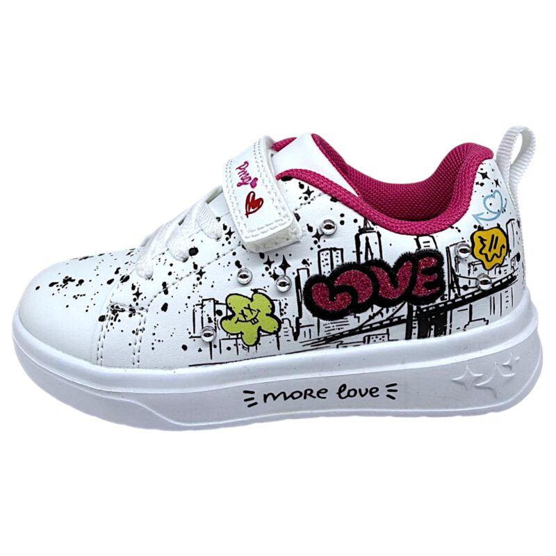 Sneakers bianche-multicolor per bambina con scritta love fucsia, strappo e lacci elastici - Primigi 3 Sneakers bianche-multicolor per bambina con scritta love fucsia, strappo e lacci elastici - Primigi